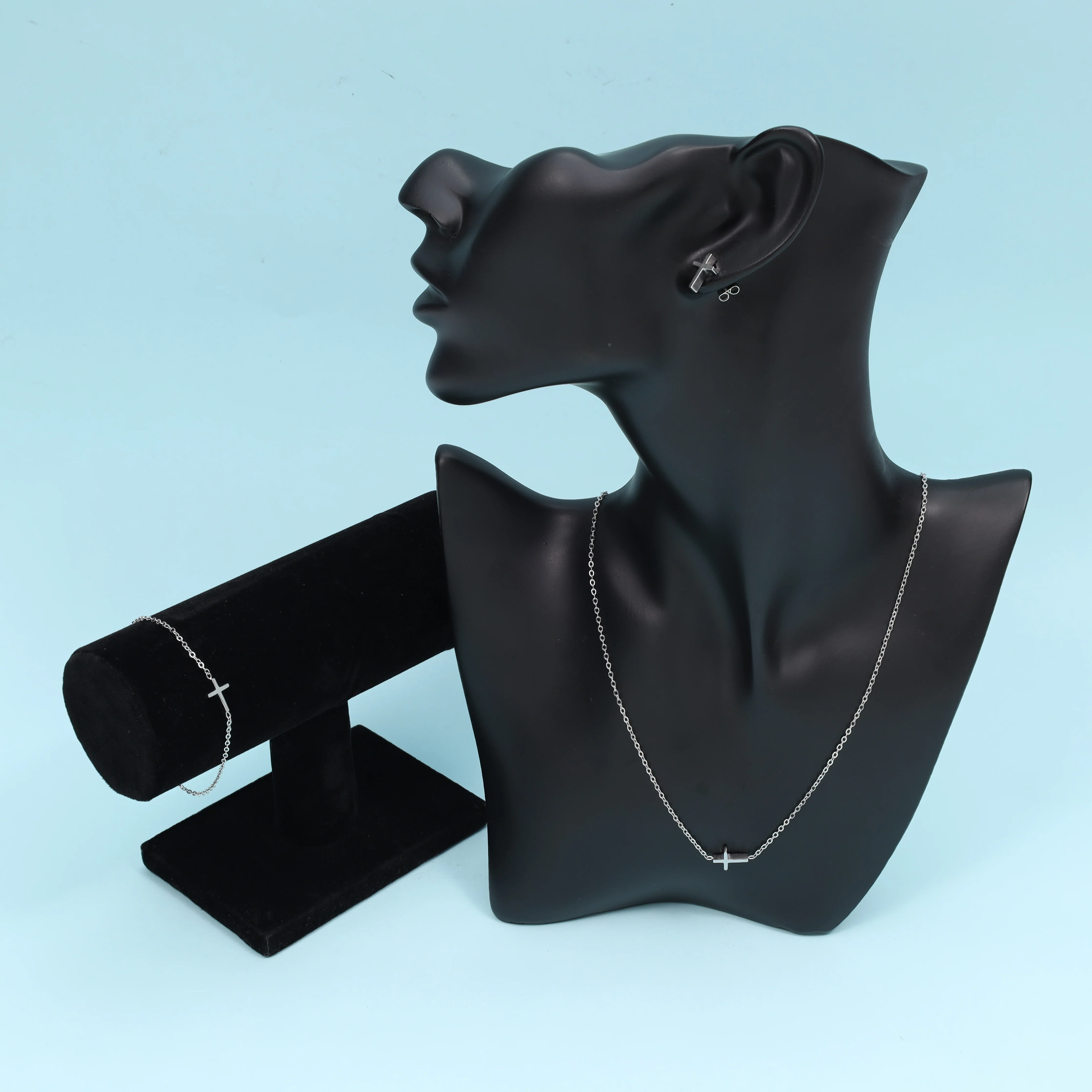 Damen Set Ankerkette mit Kreuz Anhänger, Ohrringe, Armband aus Edelstahl - Image 3