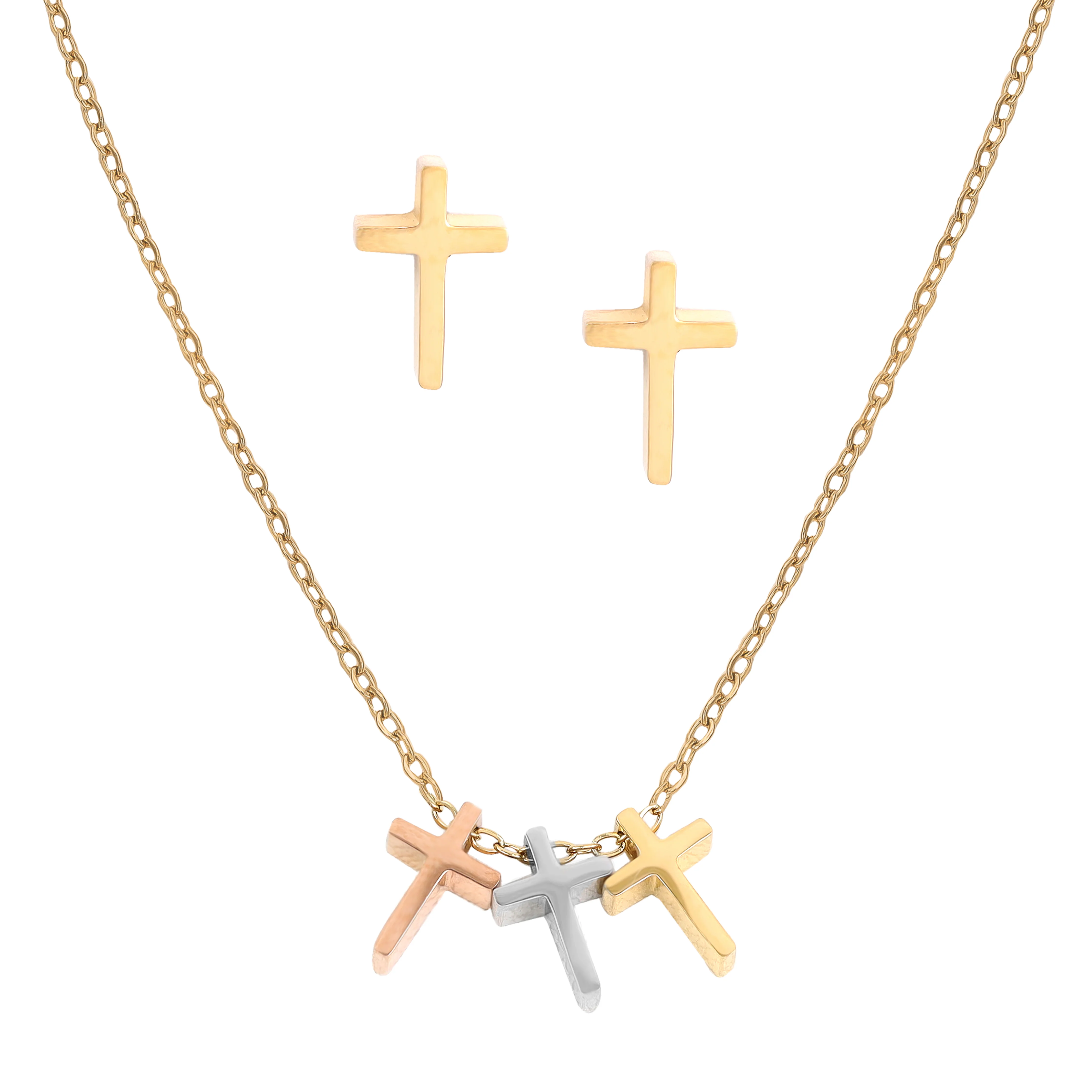 Damen Set Ankerkette mit Kreuz Anhänger & Ohrringe aus Edelstahl - vergoldet