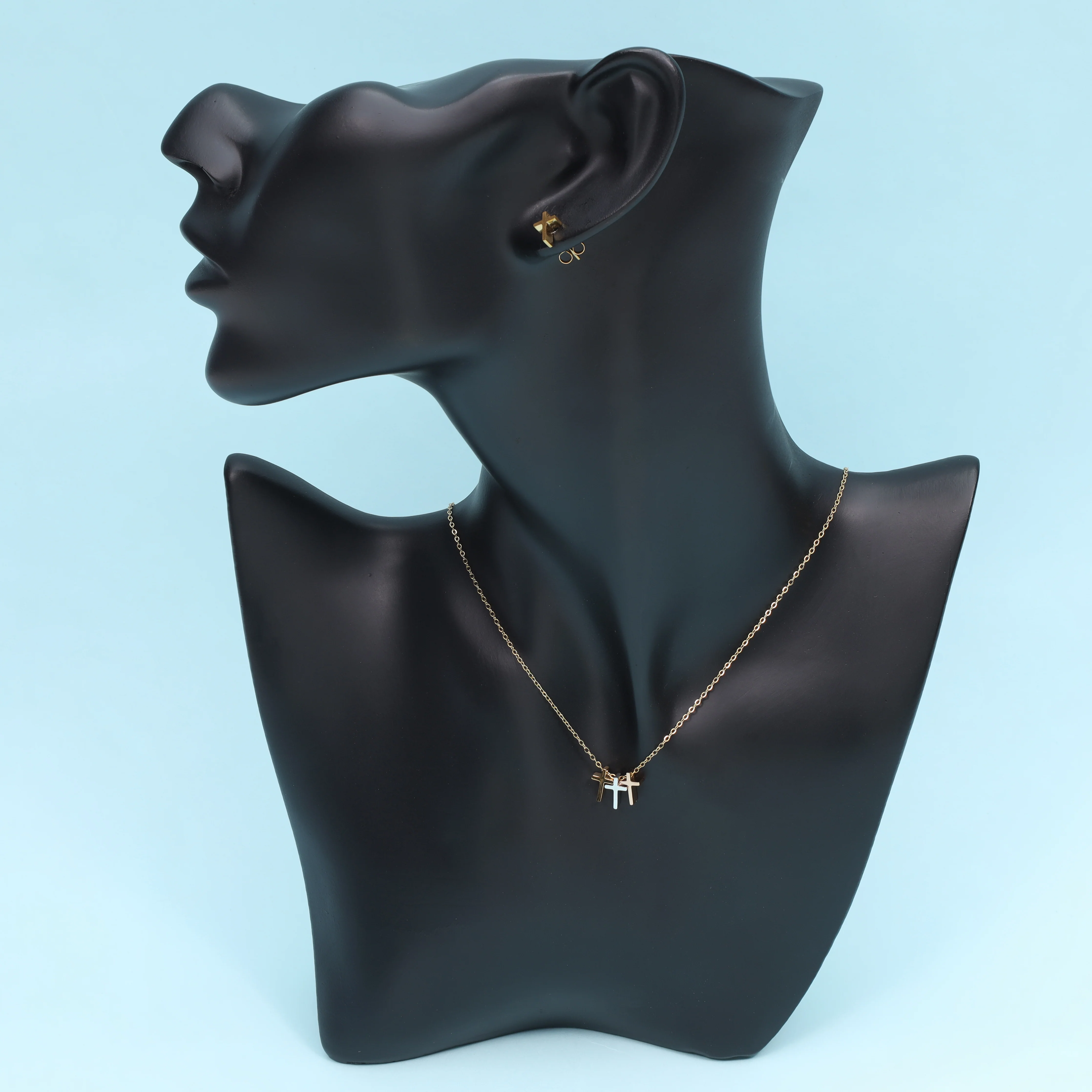 Damen Set Ankerkette mit Kreuz Anhänger & Ohrringe aus Edelstahl - vergoldet - Image 3