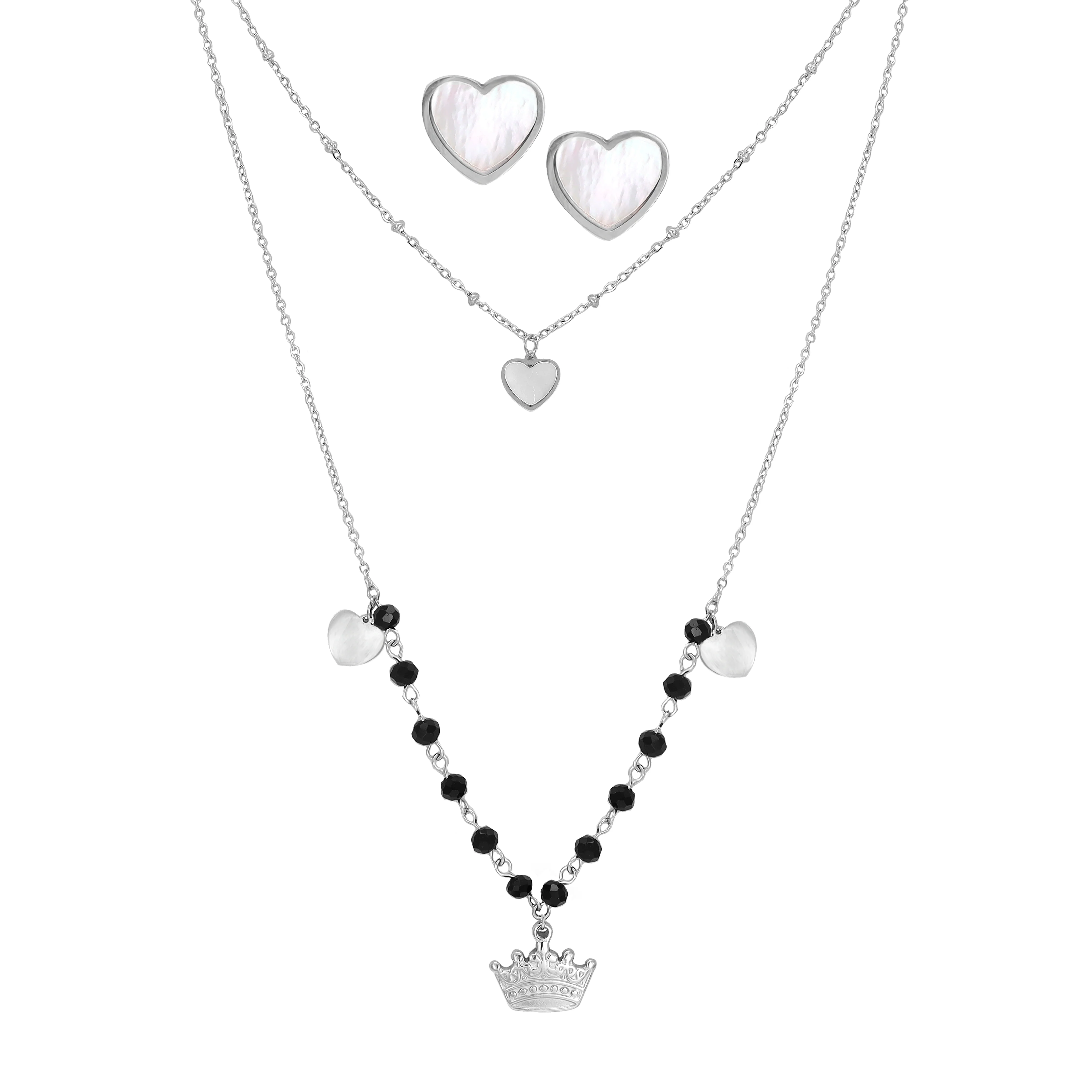 Damen Set Ankerkette mit Krone Herz Anhänger, Ohrringe aus Edelstahl