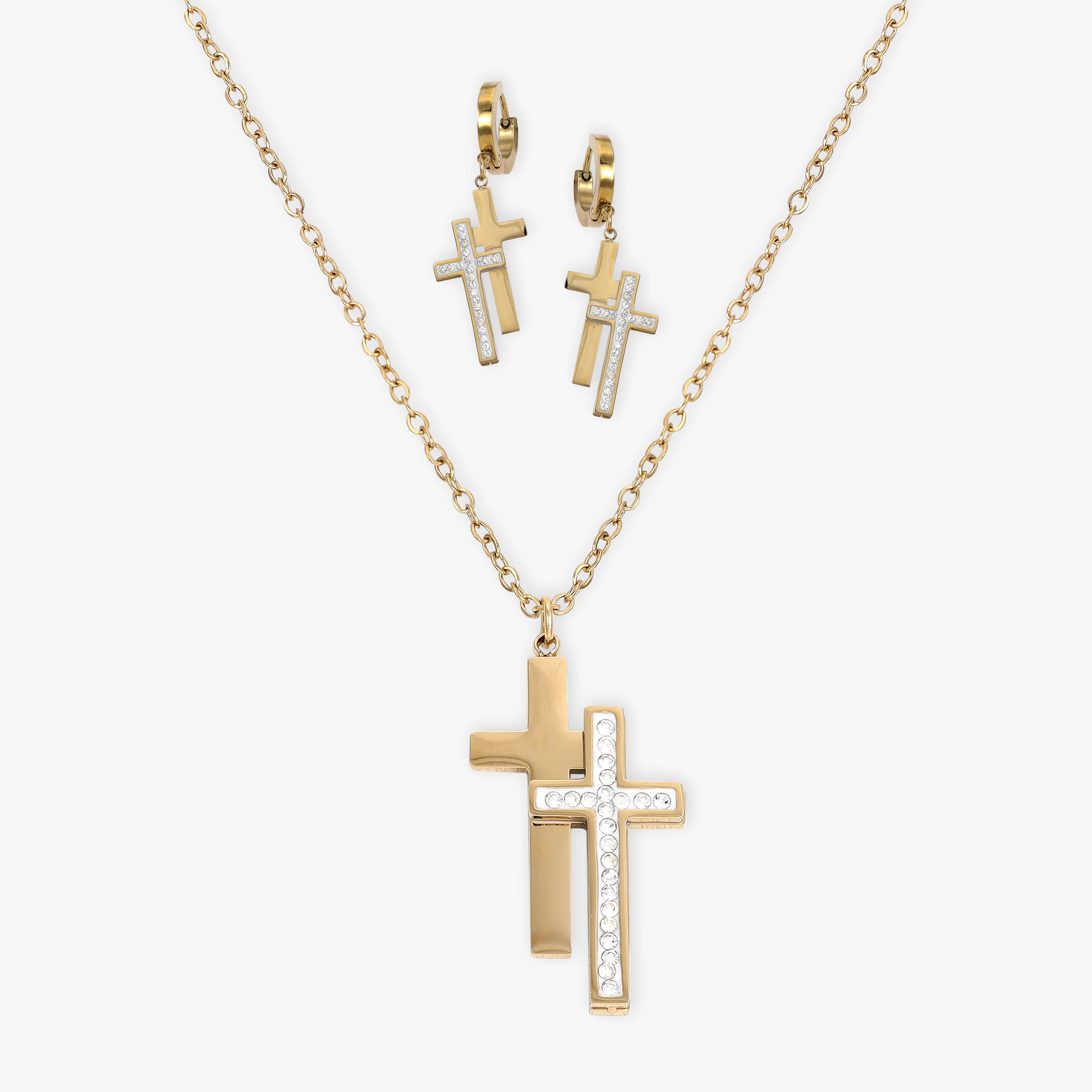 Damen Set Kreuz Halskette und Ohrringe aus Edelstahl Vergoldet