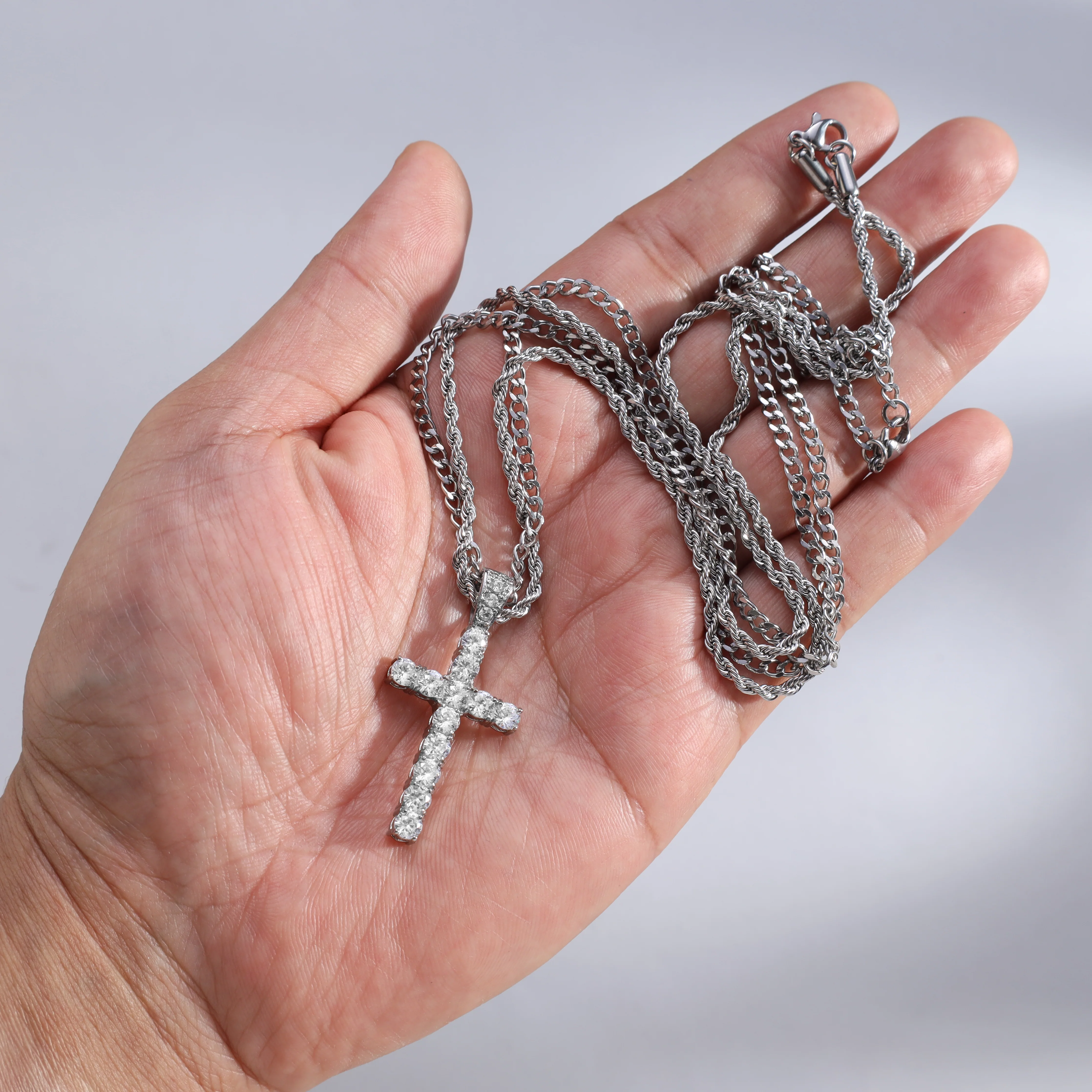 SET Kordelkette + Panzerkette mit Iced out stil Kreuz Anhänger aus Edelstahl - Image 3