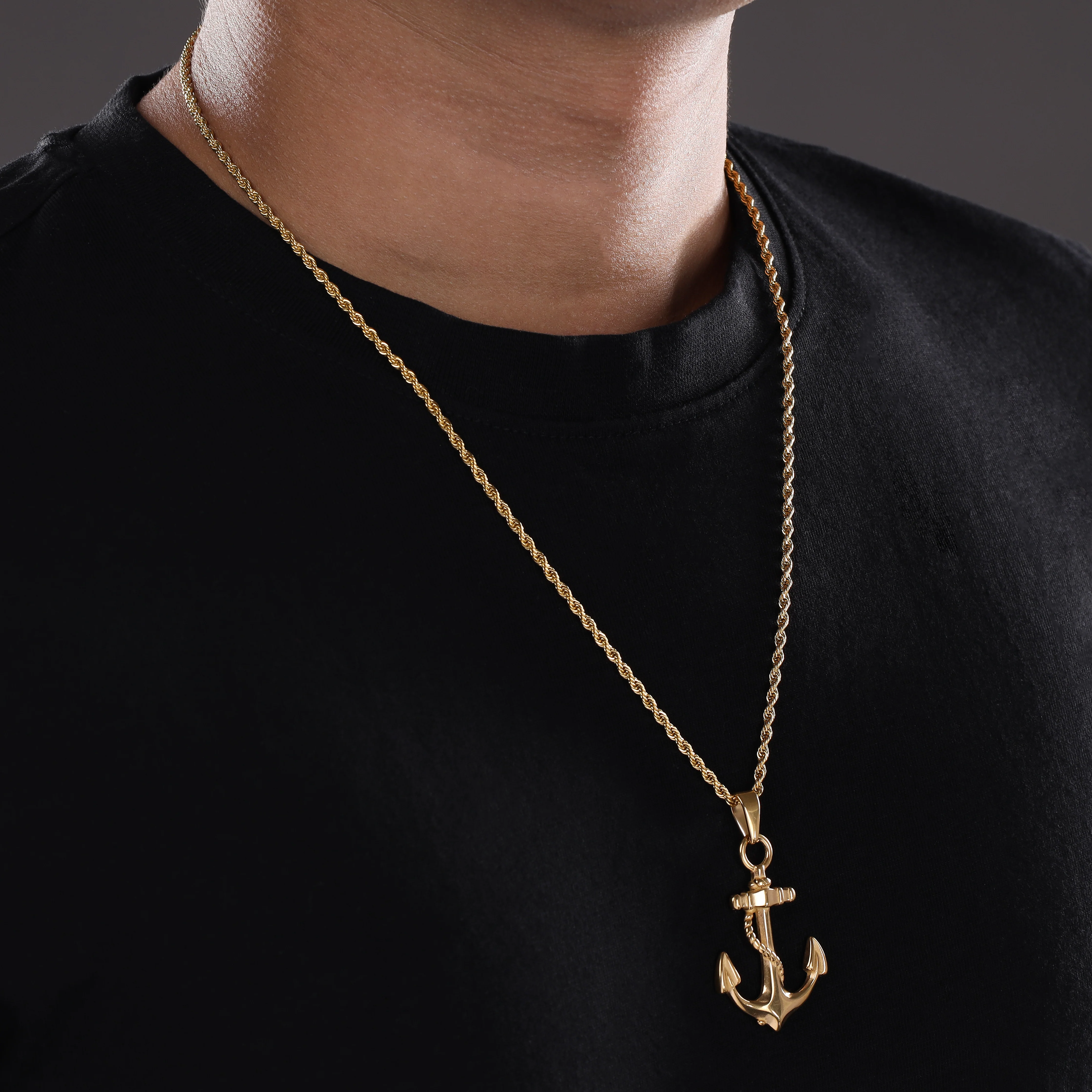 Set Kordelkette Rope Chain mit Anker Anhänger aus Edelstahl - vergoldet - Image 4