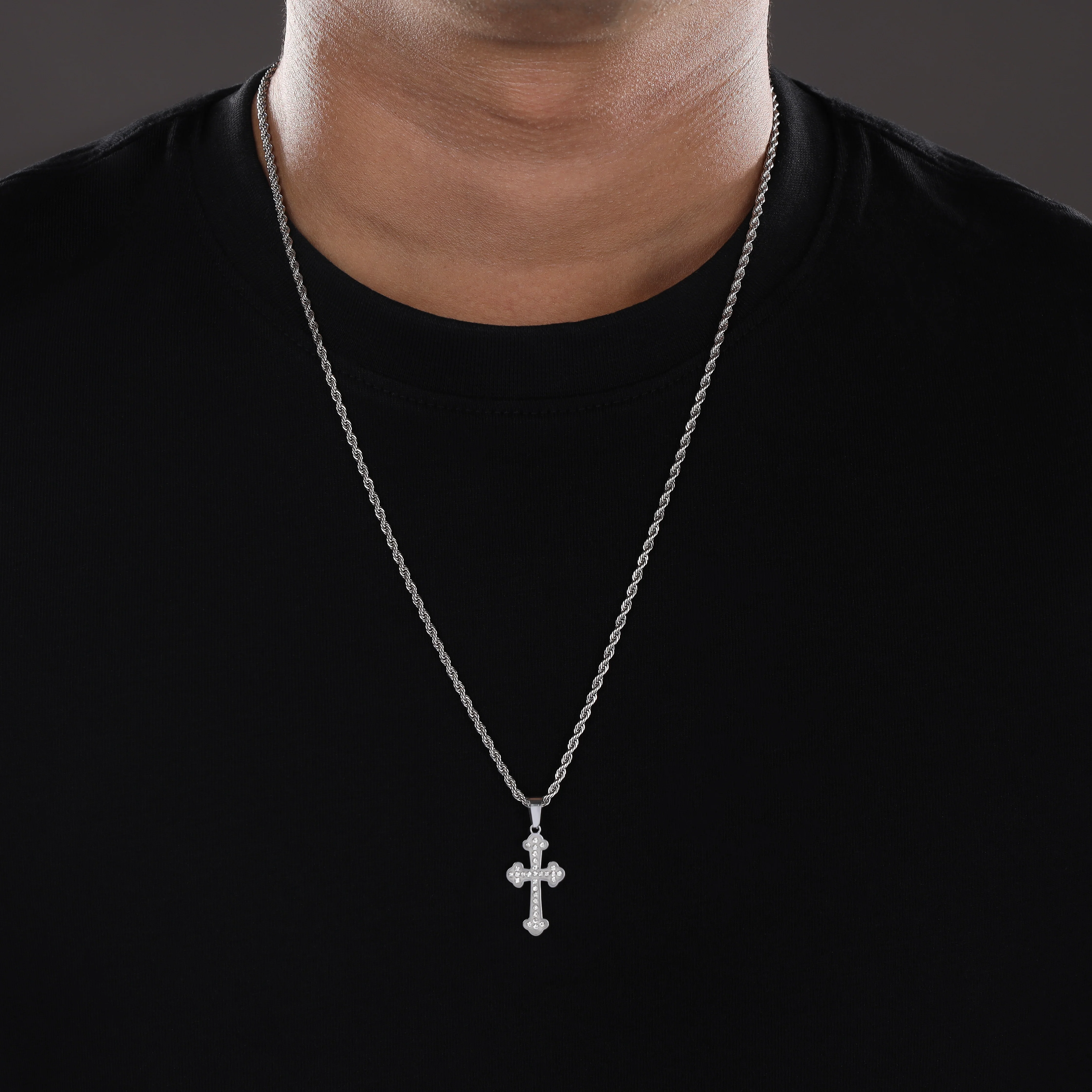 Set Kordelkette Rope Chain mit Iced Out Stil Kreuz Anhänger aus Edelstahl - Image 3