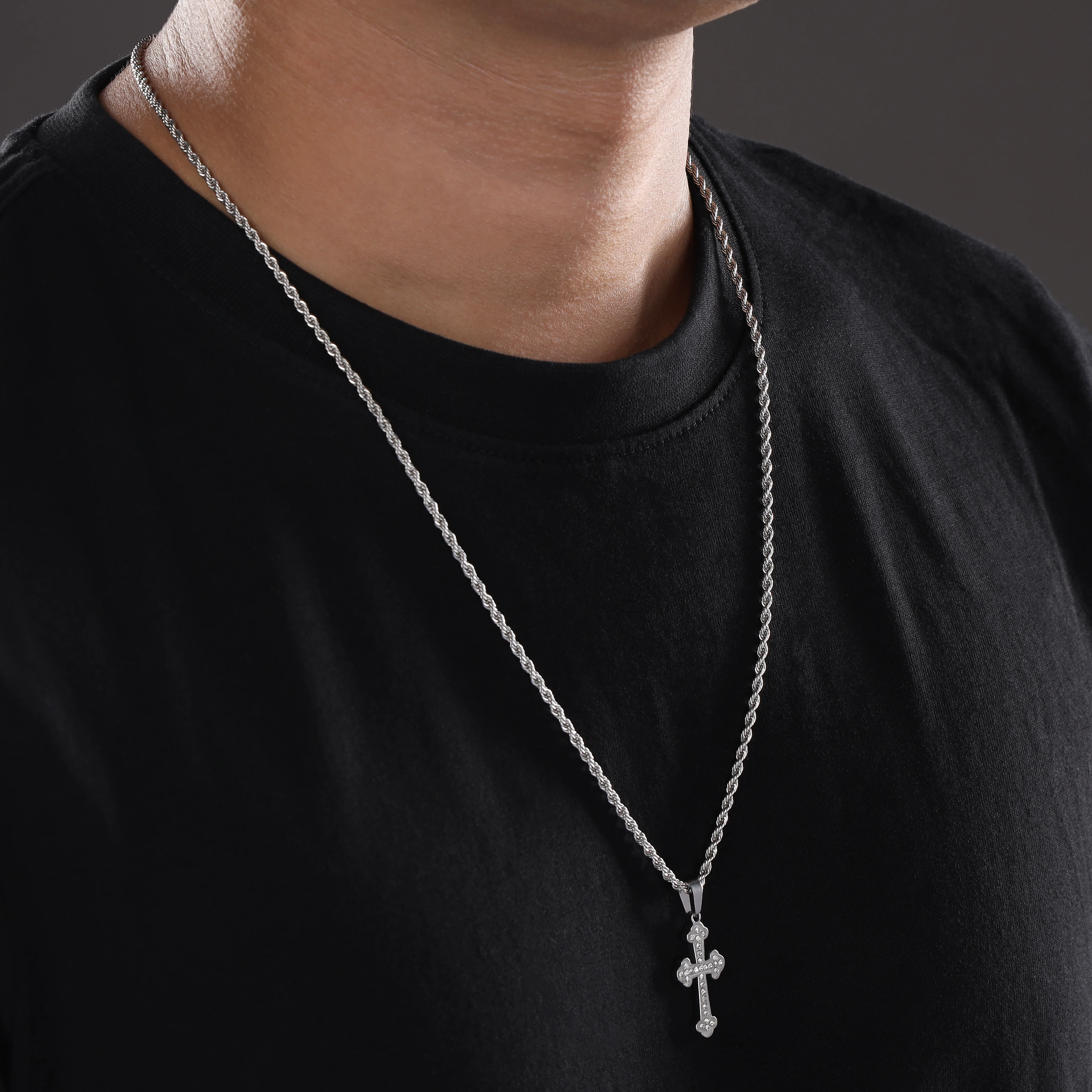 Set Kordelkette Rope Chain mit Iced Out Stil Kreuz Anhänger aus Edelstahl - Image 4