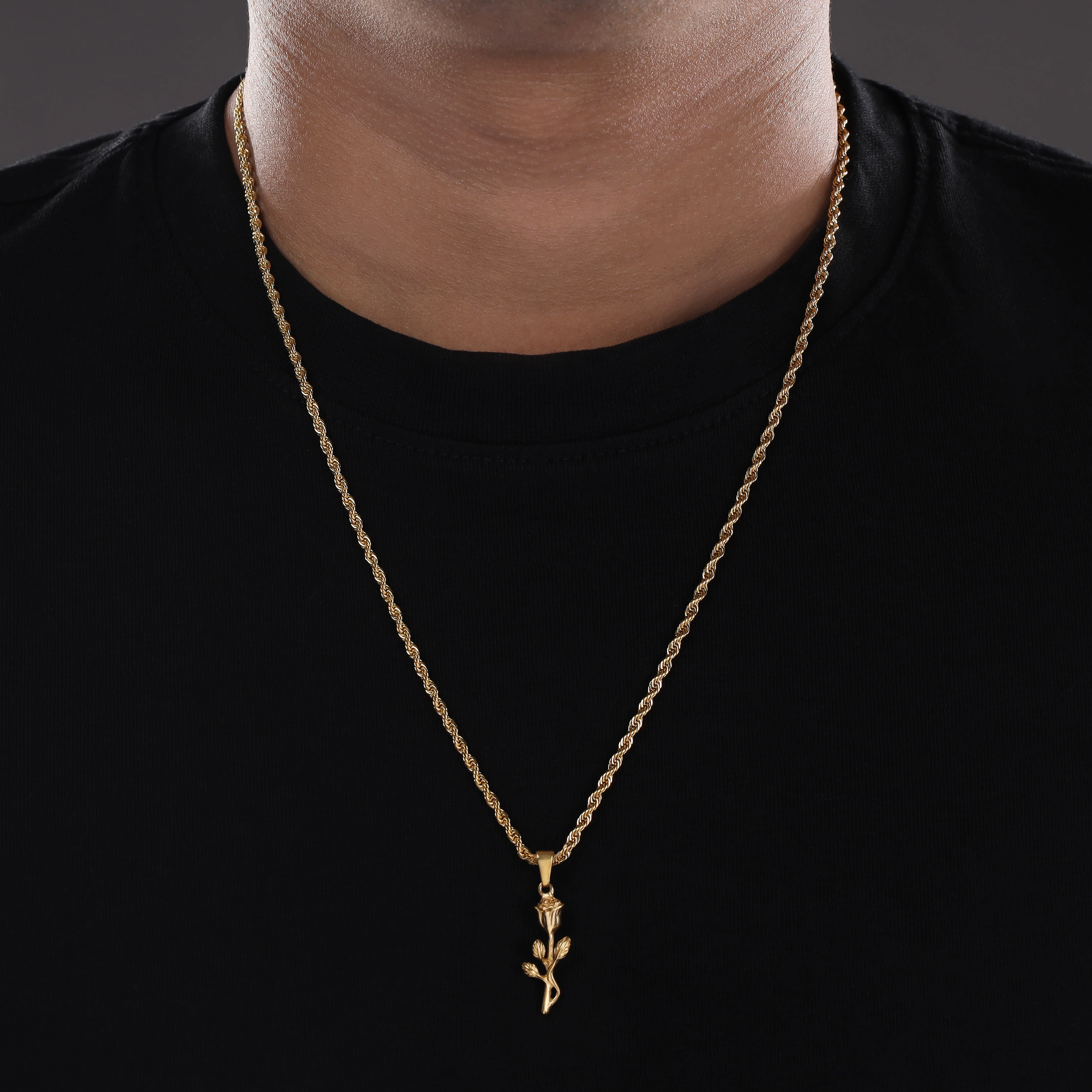 Set Kordelkette Rope Chain mit Rose Anhänger aus Edelstahl - vergoldet - Image 3