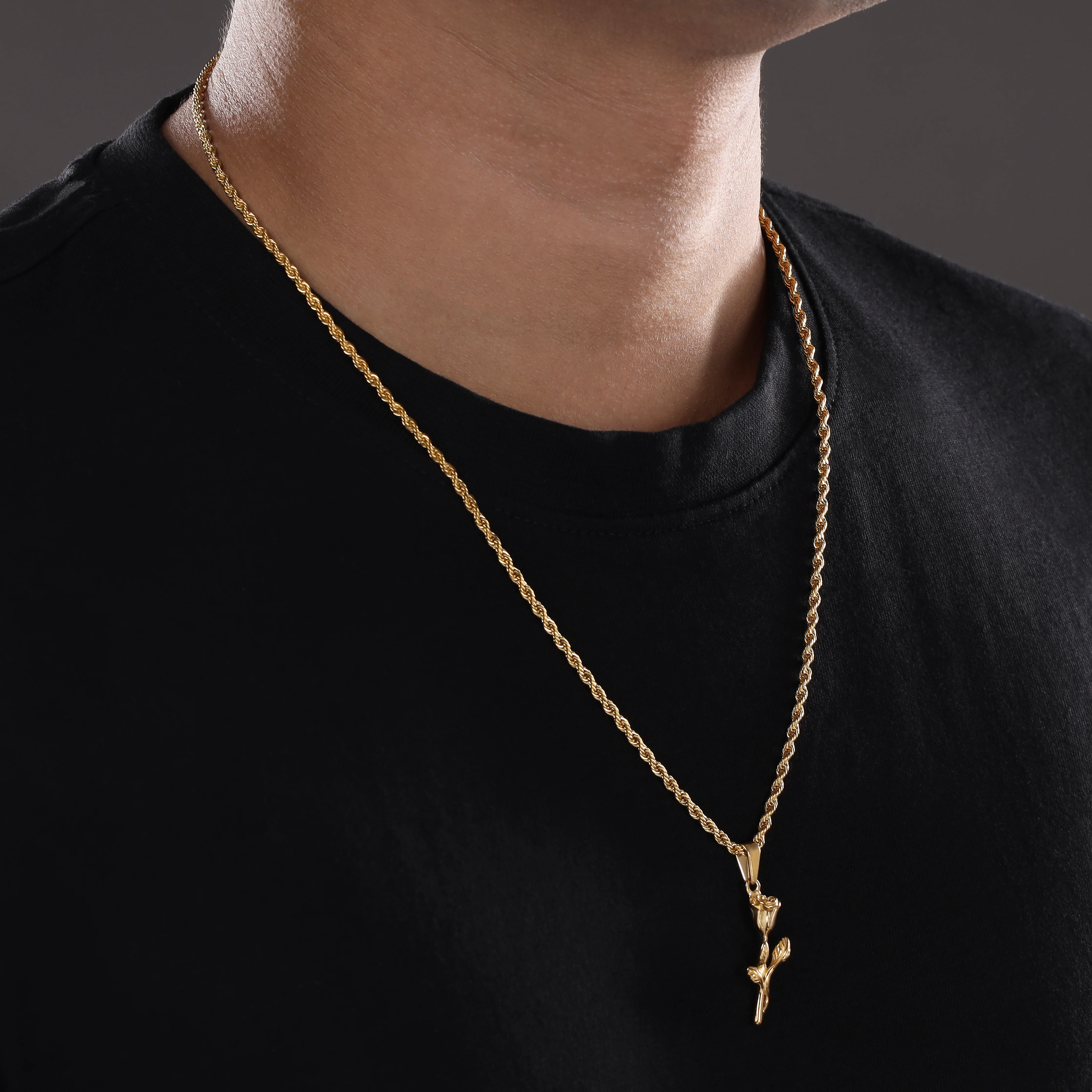 Set Kordelkette Rope Chain mit Rose Anhänger aus Edelstahl - vergoldet - Image 4